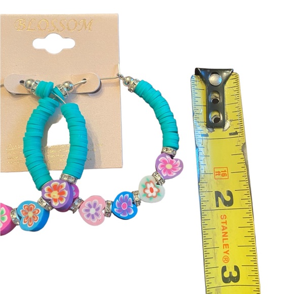 Turquoise Clay Polymer Beaded Hoop Earrings - Picture 3 of 4